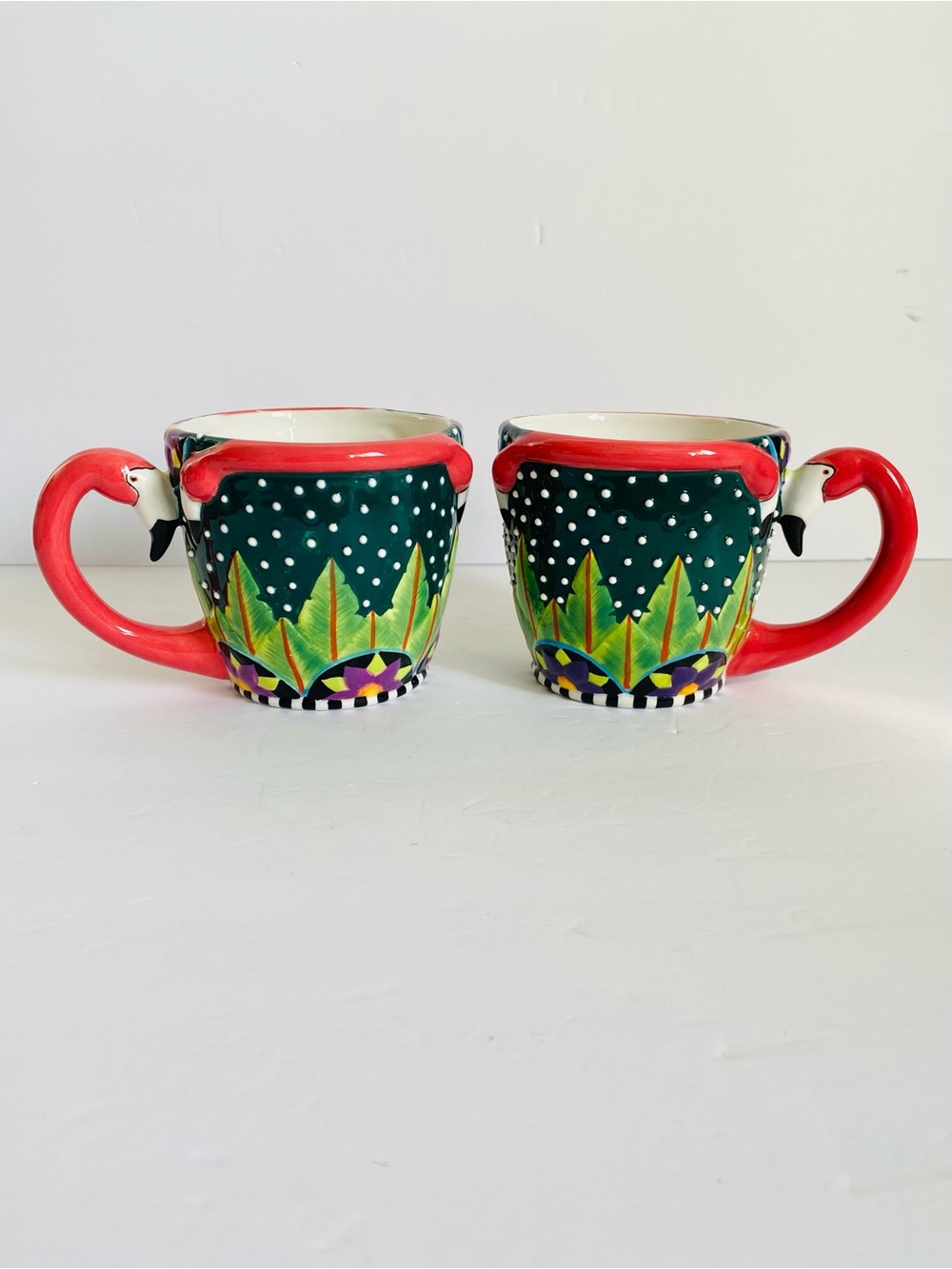 Vintage NOHO Studio Pink Flamingo 3D Ceramic Coffee Mugs (Set of 2) New
